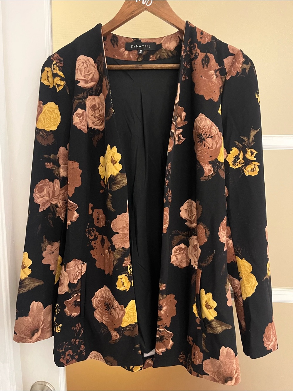 Dynamite Black Floral Open Blazer with Yellow & Brown Blooms